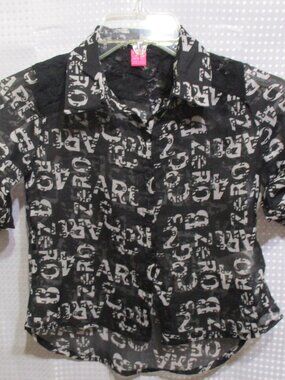 Star Ride Girl's Swiss Tab 3/4 Sleeve Button Up White Text Print Gauzy Shirt 5/6